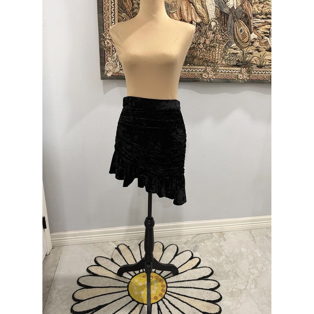 Zara Skirt Womens Small Black Velvet Ruched Asymmetrical Ruffle‎ Mini Party